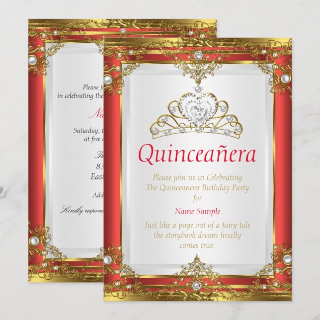 Invitation Rouge Or Blanc Perle Princesse Quinceanera (Devant / Derrière)