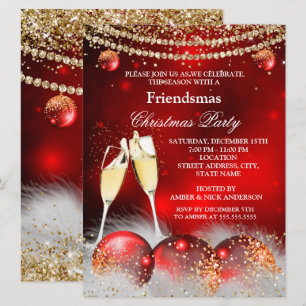 Invitation Rouge Or Champagne Friendsmas Fête de Noël