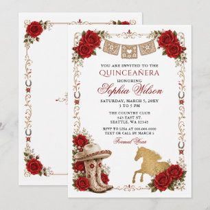 Invitation Rouge Or Cheval Occidental Floral Charra Quinceañe