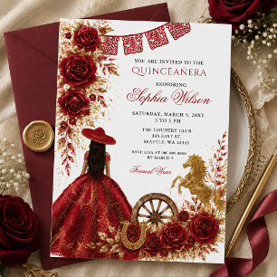 Invitation Rouge Or Cheval Occidental Floral Charra Quinceañe