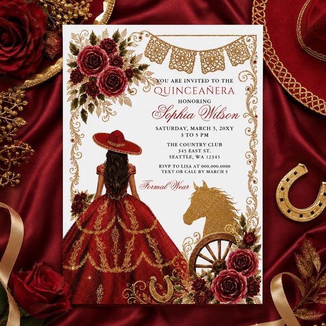 Invitation Rouge Or Cheval Occidental Floral Charra Quinceañe (Red Gold Western Horse Floral Charra Quinceañera Invitation)