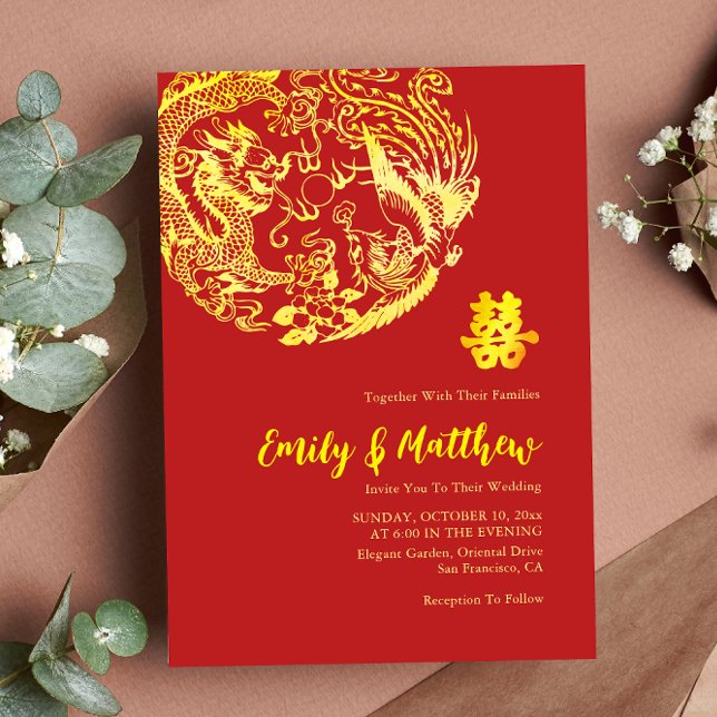 Invitation Rouge or Chinees Dragon et Phoenix logo mariage (Créateur téléchargé)
