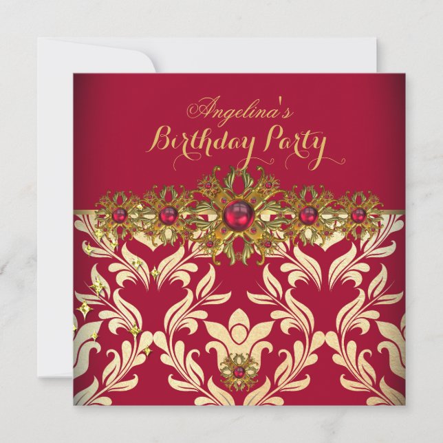Invitation Rouge Or Damassé Élégante Fête d'Anniversaire (Devant)