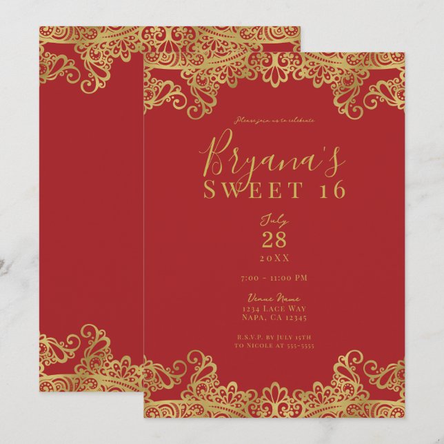 Invitation Rouge & Or Dentelle Élégante Fête Sweet 16  (Devant / Derrière)