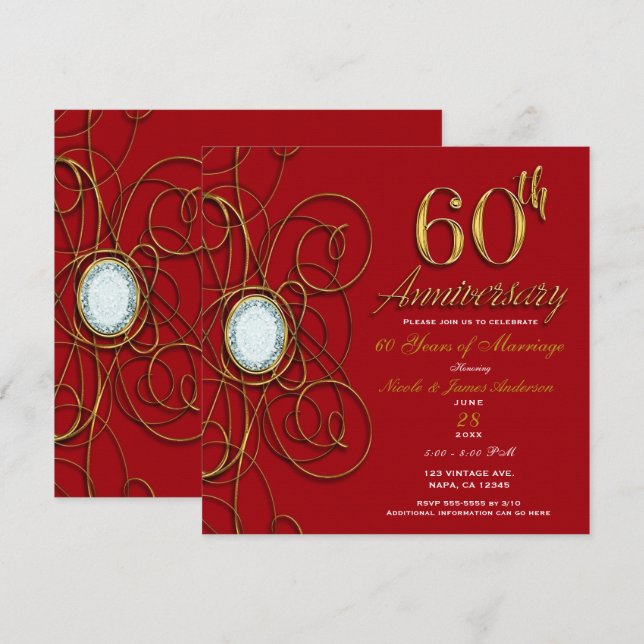 Invitation Rouge & Or Diamant 60 60e Anniversaire (Devant / Derrière)