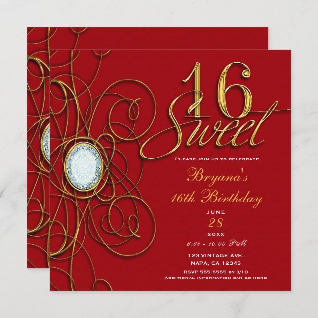 Invitation Rouge & Or Diamond Sweet 16 Anniversaire (Devant / Derrière)
