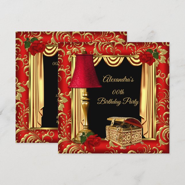 Invitation Rouge Or Drapes Roses lampe boîte à bijoux Anniver (Devant / Derrière)