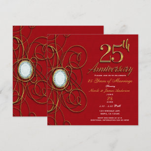 Invitation Rouge & Or Élégant Diamant 25 25e Anniversaire
