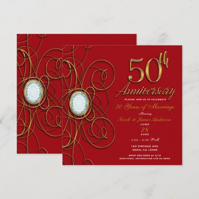 Invitation Rouge & Or Élégant Diamant 50 50e Anniversaire (Devant / Derrière)
