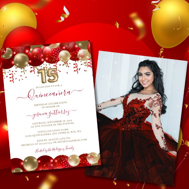 Invitation Rouge or étincelle Quinceañera Ballotte Photo (Red Gold Sparkle Quinceañera Balloon Photo Invitation)