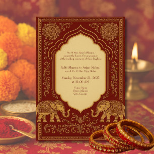 Invitation rouge or hindou éléphant orné mandala mariage
