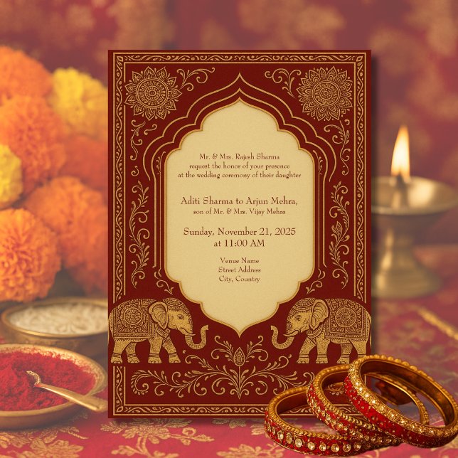 Invitation rouge or hindou éléphant orné mandala mariage (Créateur téléchargé)