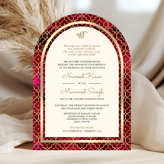 Invitation Rouge or Marocain QR Code Sikh Arch Mariage (Front)