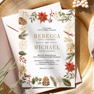 Invitation Rouge or Noël Floral Photo QR Code Mariage