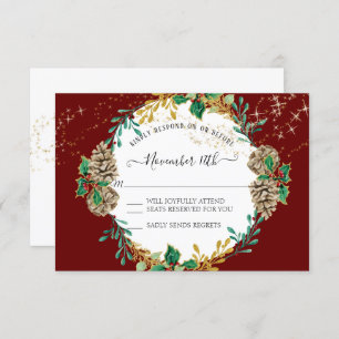 Invitation Rouge or Noël RSVP Holly Pine Cone Wreath