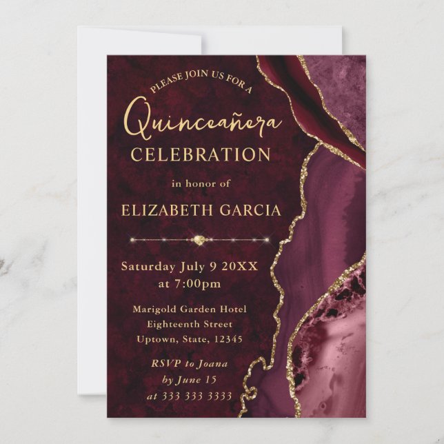 Invitation Rouge Or Paillettes Agate Quinceanera (Devant)