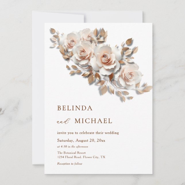 Invitation Rouge  Or Rose 3D Fleurs Simple (Devant)