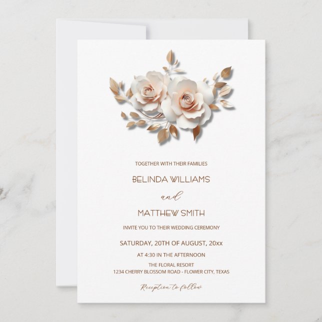 Invitation Rouge  Or Rose 3D Fleurs Simple (Devant)
