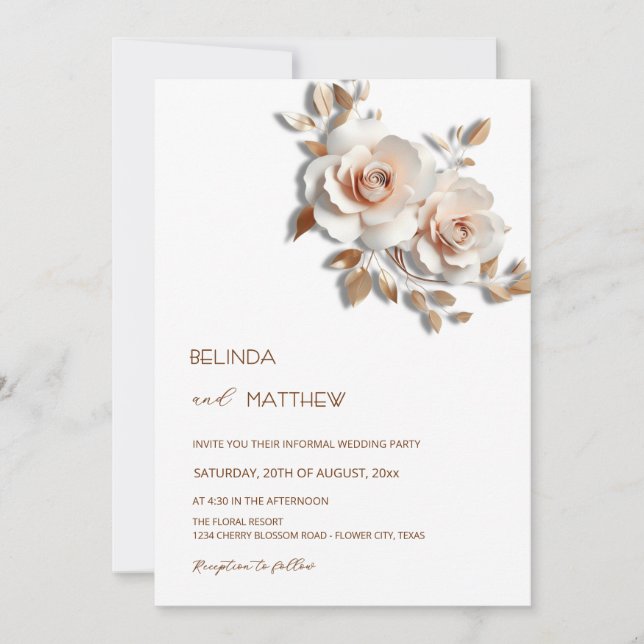 Invitation Rouge  Or Rose 3D Fleurs Simple (Devant)