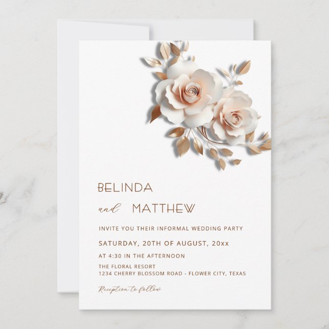 Invitation Rouge  Or Rose 3D Fleurs Simple (Devant)