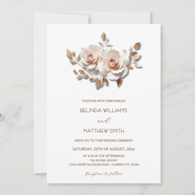 Invitation Rouge  Or Rose 3D Fleurs Simple (Devant)