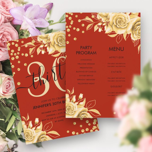 Invitation Rouge or tout en une Parties scintillant florale 3 (Gold Red All in One Floral Glitter 30th Birthday Invitation)