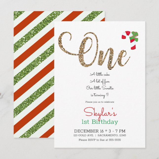 Invitation Rouge Or & Vert Noël Fête 1er Anniversaire En (Devant / Derrière)