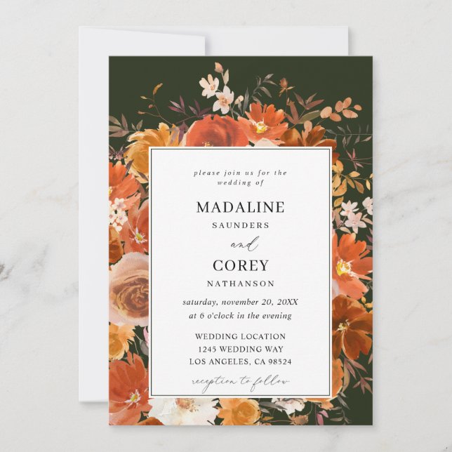 Invitation Rouge & Orange Fleurs d'automne Mariage B - Vert (Devant)