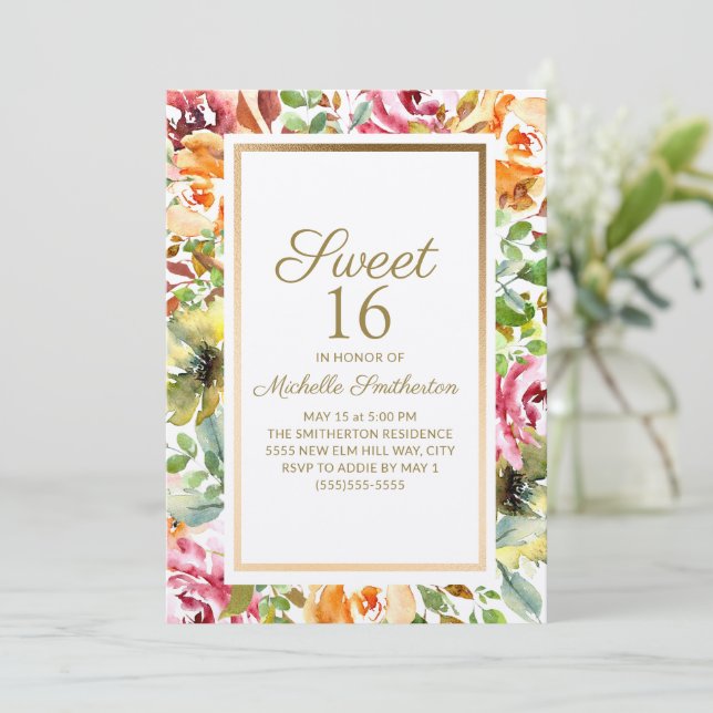 Invitation Rouge Orange Floral Vert Feuille Gold Sweet 16 (Debout devant)
