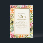 Invitation Rouge Orange Floral Vert Feuille Or 50e anniversai<br><div class="desc">Elégante invitation à la fête du 50e anniversaire de femme rouge et orange aquarelle avec des feuilles verts et un cadre doré. Le texte est entièrement personnalisable,  de sorte que cette carte peut être changée pour n'importe quel âge.</div>