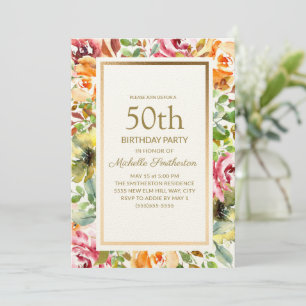 Invitation Rouge Orange Floral Vert Feuille Or 50e anniversai