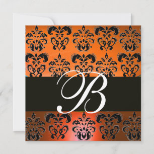 Invitation ROUGE ORANGE JAUNE NOIR DAMAS MONOGRAMME, blanc