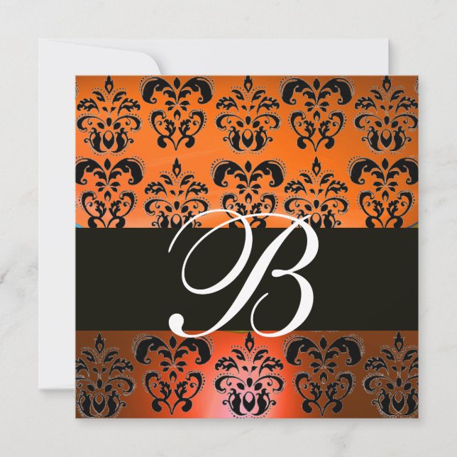 Invitation ROUGE ORANGE JAUNE NOIR  DAMAS MONOGRAMME, blanc (Devant)