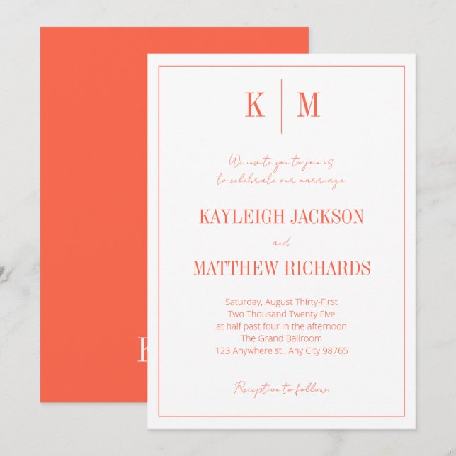 Invitation Rouge Orange Rétro Monogramme Élégant Mariage  (Devant / Derrière)