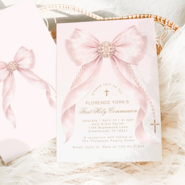 Invitation Rouge pâle Ruban de Noël de la Première Communion  (Créateur téléchargé)