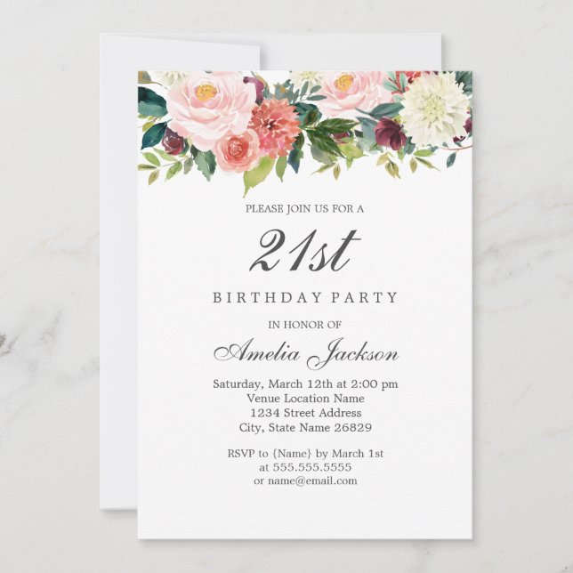 Invitation Rouge Pêche Botanique Floral 21e Anniversaire (Devant)