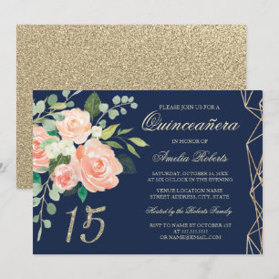 Invitation Rouge pêche floral paillettes dorées Quinceanera m