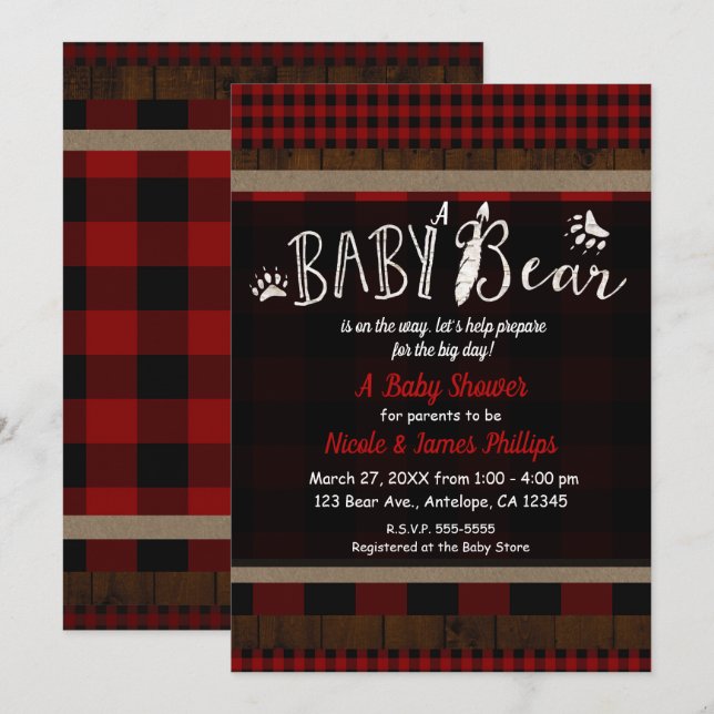 Invitation Rouge Plaid Rustique Ours Bébé Fête de Naissance U (Devant / Derrière)