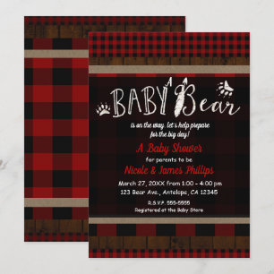 Invitation Rouge Plaid Rustique Ours Bébé Fête de Naissance U