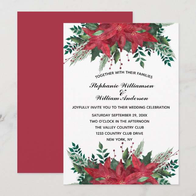 Invitation Rouge Poinsettia Floral hiver Noël Mariage Inv (Devant / Derrière)
