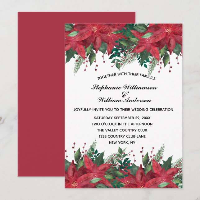 Invitation Rouge Poinsettia Floral hiver Noël Mariage Inv (Devant / Derrière)