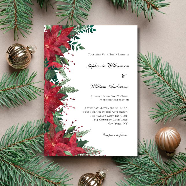 Invitation Rouge Poinsettia Floral Mariage de Noël d'hiver (Red Poinsettia Christmas Winter Wedding Invitation.)