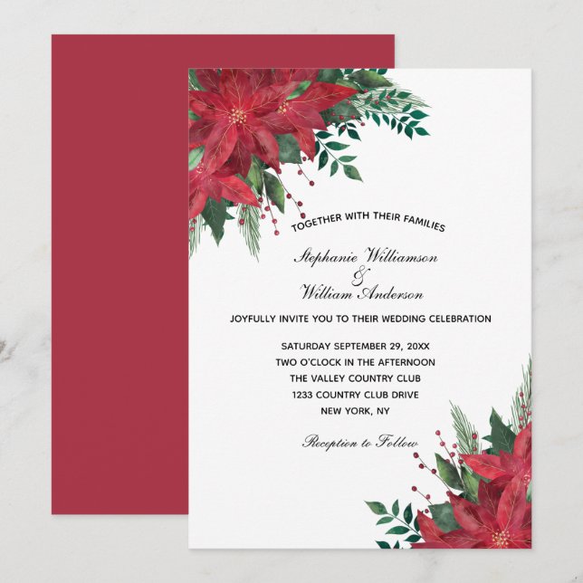 Invitation Rouge Poinsettia Floral Mariage de Noël d'hiver (Devant / Derrière)