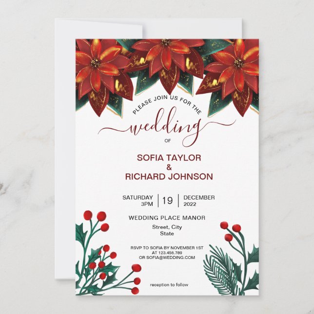 Invitation Rouge Poinsettia Floral Noël Aquarelle Mariage (Devant)