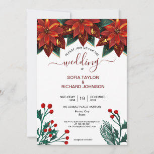Invitation Rouge Poinsettia Floral Noël Aquarelle Mariage