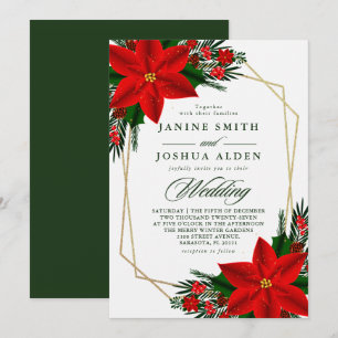Invitation Rouge Poinsettia Pine vert Mariage de Noël