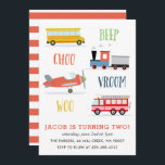 Invitation rouge pour la fête d'anniversaire de Be<br><div class="desc">Une invitation pour la fête d'anniversaire d'un enfant avec un train,  un camion de pompiers,  un avion et un bus scolaire.</div>