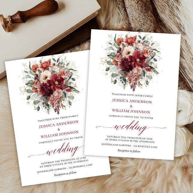 Invitation Rouge profond Boho Floral Automne Eucalyptus Maria (Deep Red Boho Floral Fall Eucalyptus Wedding Invite

)