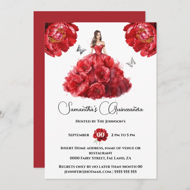 Invitation Rouge Quinceañera fleurs florales de pivoine (Devant / Derrière)