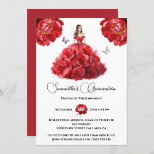 Invitation Rouge Quinceañera fleurs florales de pivoine